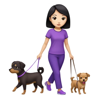 black hair Chinese woman wearing purple top and black pants walking 1 small brown dog sticker