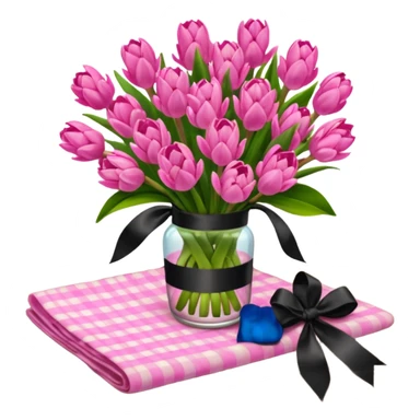 A lush bouquet of bright pink color Hyacinths black satin ribbon, resting on an antique wooden table, with a pale yellow and pink plaid pattern table cloth sticker