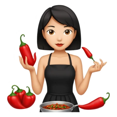 asian black short shoulder length hair tanned woman, black dress cooking, holding chili pepper sticker