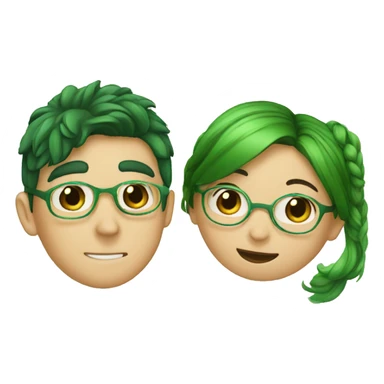 A boy with brown hair and a mustache is kissing a green haired girl wearing glasses sticker
