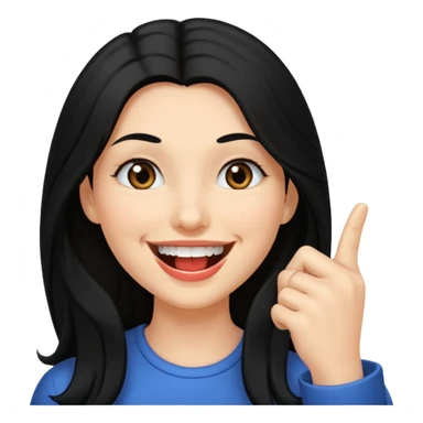 Haz una imagen de una mujer con cabello negro largo , con una sonrisa en su cara y la punta de su dedo indice mordido entre sus dientes sticker