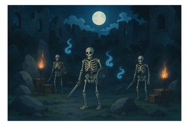 midnight within the ruins of abandoned castle yard, protrude boulders, amid iron torches and crates tucked behind, skeleton warriors, wisps, and wolves linger just in the edge of view behind scenery sticker