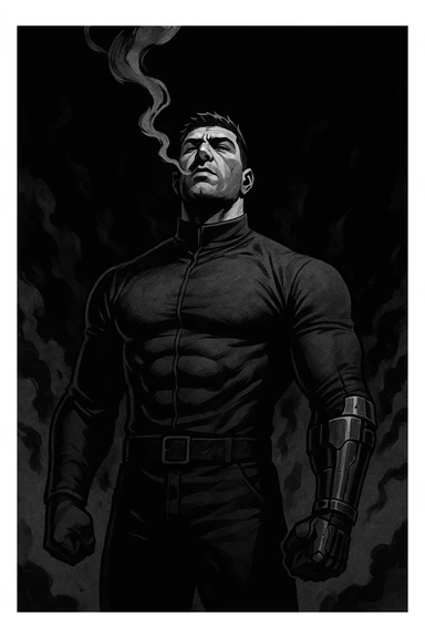 Black and white comic book panel of an extremely muscular Italian man with cybernetic implants standing in the dark, surrounded by smoke. He is wearing a long-sleeved shirt with a high collar, and his chest is sculpted. sticker
