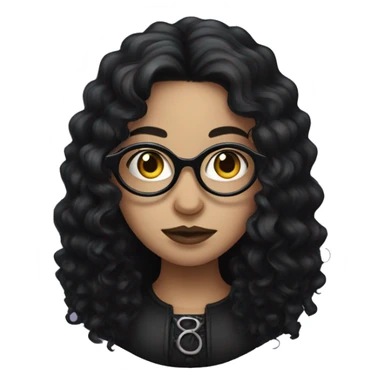 a gothic girl with long black curly hair and circular glasses sticker
