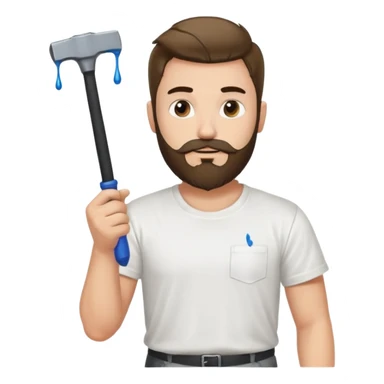 guy who looks very handsome, he has a beard, wears a white tee shirt with drops of paint on it and holds a black screwdriver in one hand and a black hammer in the other  sticker