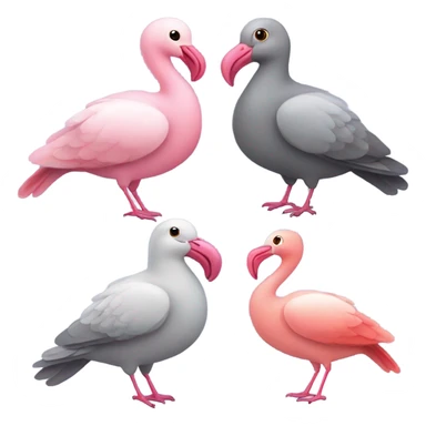 Three gray pigeons, and one flamingo in a park setting sticker