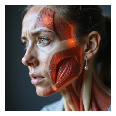realistic anatomical close-up of a woman's head showing muscles and pain areas highlighted, suffering expression, white background sticker