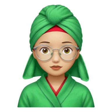 Asian woman wearing a green towel in her head with a broken glasses on her face in red pajamas sticker