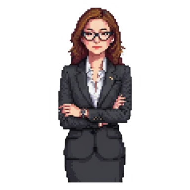 front-facing pixel art businesswoman, waist up, in sharp suit, hand under chin, gazing slightly to the side, wearing stylish glasses, luxury watch visible, expression of curiosity or contemplation, clean background sticker