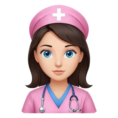 Female nurse, long dark brunette hair, blue eyes, sunkissed skin, pink scrubs sticker