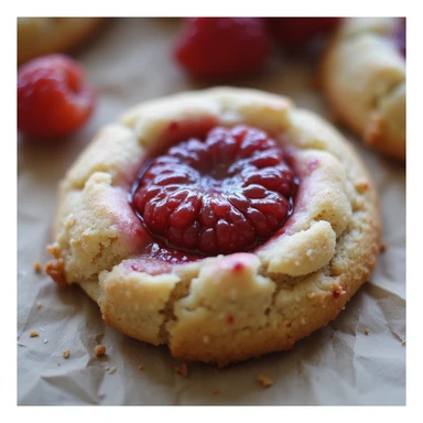 realistic raspberry thumbprint cookie, photorealistic style sticker