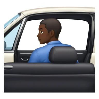 A black skined men sitting in his car while he is lookin back at his back seats. you can see the car from the front and we can only see the back side of the driver sticker