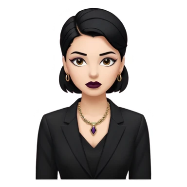 “Emoji girl, sculpted contour, bold dark lipstick, defined brows, sharp eyeliner, sleek black hair updo, statement necklace, black blazer.” sticker