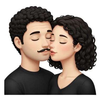 A brunette white girl kissing a medium white guy on the cheeks and he has black curly short hair and dimples and a little mustache and they wear black clothes and make him blush and close his eyes sticker