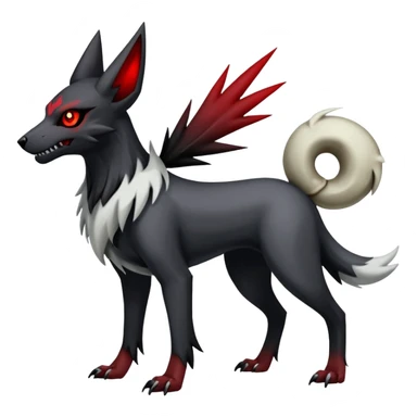 Shiny Exotic Excessive Mysterious Houndoom-HMightyena-Zorua-Zoroark-Zangoose-Houndour-Pokémon-Fakémon-hybrid-creature (full body) with a dog-skull sticker