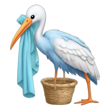 stork carrying a light blue bundle of cloth in its beak that has a human baby with dark hair and the baby face and head is peeking from the cloths bundle the strok is carrying with its beak sticker
