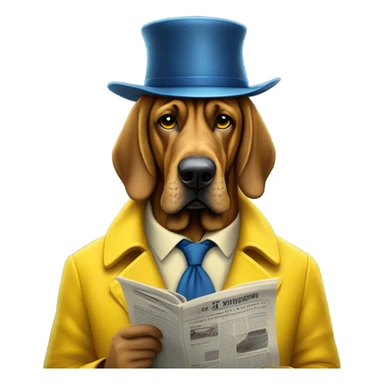 Full body blue and yellow bloodhound-wearing bifocals in the rain reading a newspaper with To hat and trenchcoat. sticker