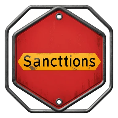 red, road sign, hexagonal, with the inscription SANCTIONS sticker