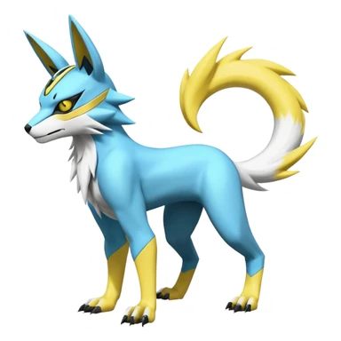 Shiny cyan yellow white electric complex futuristic white-cyber-masked Zeraora-Renamon-Electrike-Umbreon-Lombax-Weregarurumon-fusion-creature (full body sticker