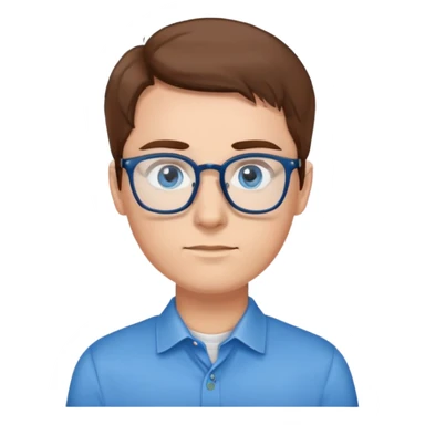 person with brown hair, blue eyes, glasses, wearing a blue shirt and a watch sticker