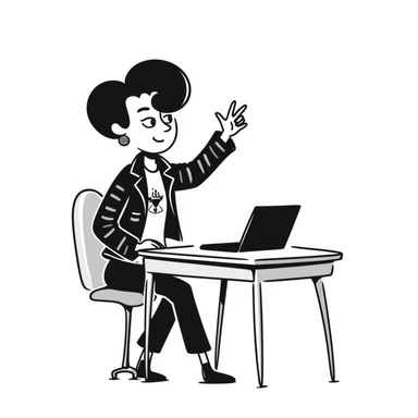 A rockstar female musician with tattoos on her arms, stylish modern haircut with shaved sides, wearing cool rocker clothes, smiling and sitting at a desk with a laptop, raising hand during class sticker