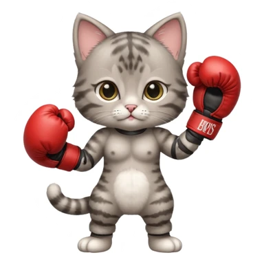 Cute gray tabby baby girl kitten standing with boxing gloves sticker