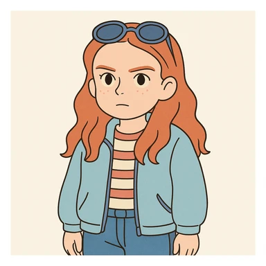 Create a character of Max Mayfield from Stranger Things inspired by the provided reference image. Use a simple line style with thick outlines, colored in light pastel tones, in the Ghibli style. Format the image in a 1:1 aspect ratio. sticker