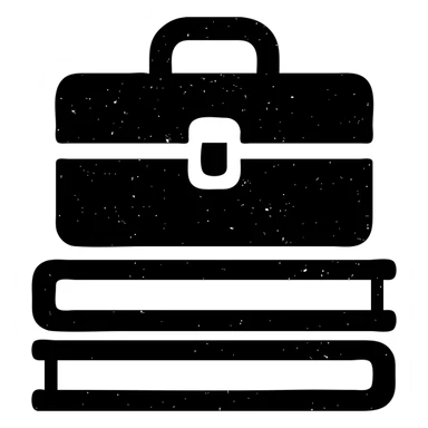 minimalist gray solid icon representing Resources with books, toolbox, or stack of files, worn and distressed effect sticker
