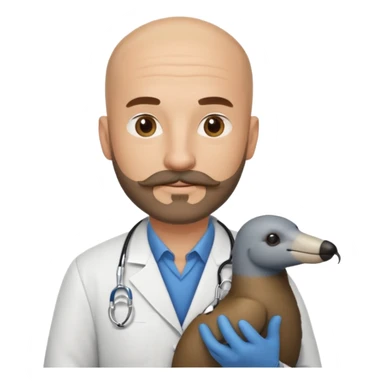 A bald veterinarian with a beard and mustache holding an anteater sticker