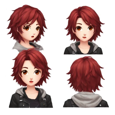 Gorgeous anime style tomboy-lady with blushing face aesthetic and pretty edgy black red punk hair with hair garment trending style sticker