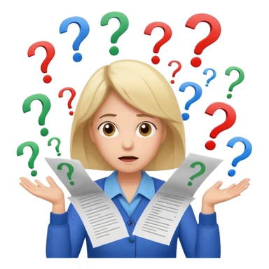 A kindergardenteacher with an overwhelmed expression, surrounded by flying papers and three question marks. sticker