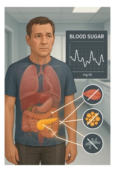 a middle-aged man stands in a clinical setting, with a semi-transparent overlay showing his internal organs. His pancreas is highlighted, and glowing lines or icons indicate disrupted insulin signaling between the pancreas and muscle or fat cells. The man’s expression is slightly concerned, and a digital chart beside him displays fluctuating blood sugar levels. The lighting is realistic, with a clean, modern medical background. sticker