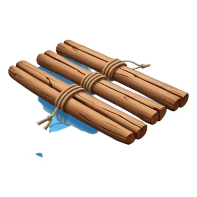 showing a simple wooden raft floating on calm blue water — made of several brown logs tied together with rope — gentle ripples around it — bright, cheerful lighting and soft shadows — minimalist, clean emoji design sticker