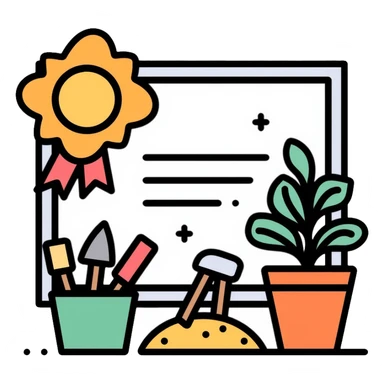 Certificate with gardening tools and plant award sticker