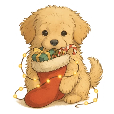 a fluffy golden retriever puppy holding a Christmas stocking full of gifts and tangled in fairy lights, Ghibli style sticker