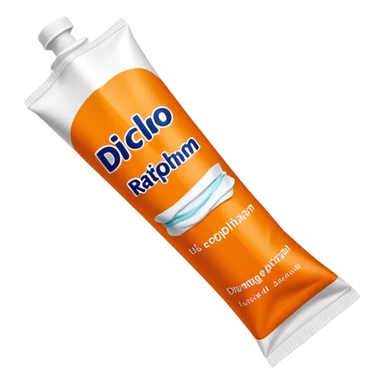 an empty, oversized and totally squeezed out tube of toothpaste labelled "Diclo ratiopharm". It is squeezed out and totally crumpled, flattened. Basic color is orange yellowish. sticker