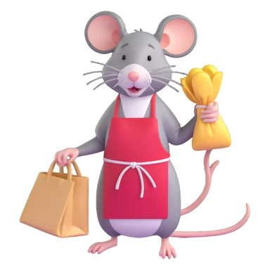 tired rat wearing apron bagging groceries sticker