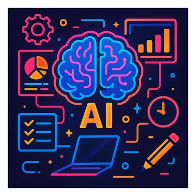 artificial intelligence, futuristic AI brain with multiple screens and tools, managing productivity, neon colors, modern illustration sticker