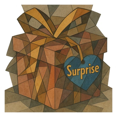 Recreate the blue heart-tagged pink gift in a cubist abstraction style, with the name 'Surprise' on the tag, no background. sticker