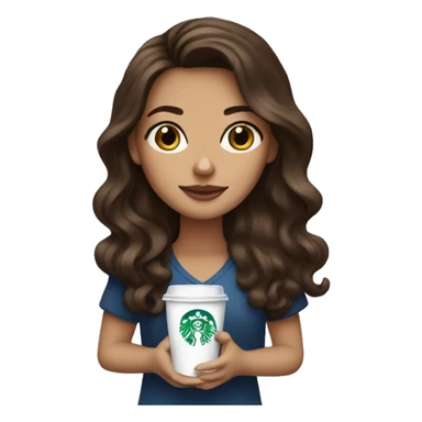 Brunette with long wavy hair and blue eyes and Starbucks coffee sticker