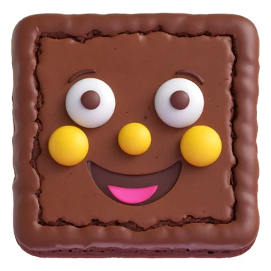 3D chocolate brownie with a smiley face, realistic depth, 3D emoji style sticker
