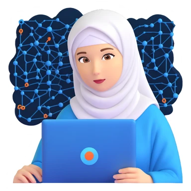 woman with white hijab in blue outfit, looking forward, with programming code, algorithms, binary data flows, software development tools, database structures, coding syntax highlighting, computer science symbols, and computing diagrams surrounding her sticker