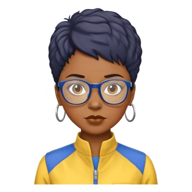 stern Black woman with short textured hair, glasses, wearing blue and yellow jumpsuit, front-facing sticker