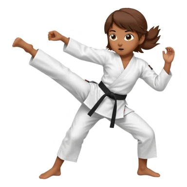 Ragazza castana che pratica karate, ha la cintura nera ed io tradizionale kimono bianco del karate, tira un calcio laterale  sticker
