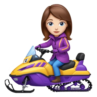 Brown hair, very blue eyes, Woman wearing a red coat  on purple and yellow striped snowmobile sticker