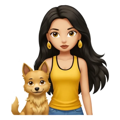 a tan pretty bratz girl with long wavy black hair, wearing a yellow tank top with a street dog sticker