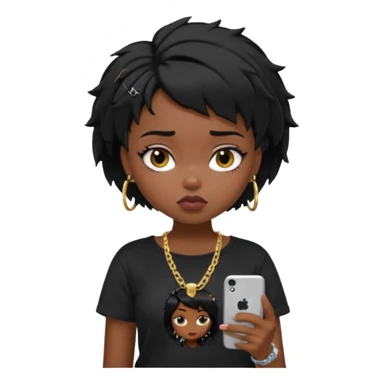 generate a pretty bratz girl with short black very messy hair, looking tired and using her phone, wearing an oversized black tshirt sticker