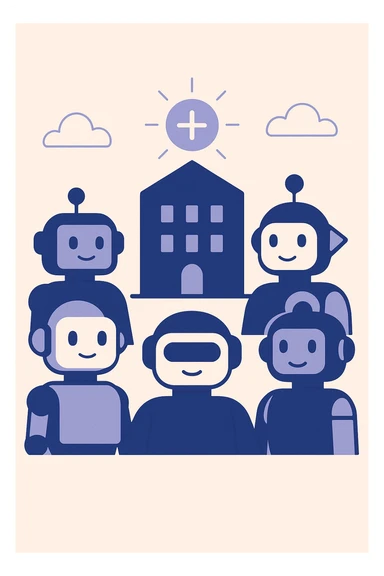 flat modern icon with multiple robot avatars gathered around a large building icon, with a glowing plus sign above, in Slack-inspired colors, symbolizing a new organization joining a B2B SaaS LLM evaluation platform sticker