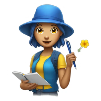 a girl in a blue hat with a yellow mallow holds a pen and a notebook in her hand sticker