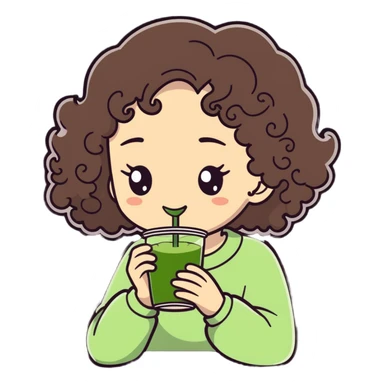 curly haired girl drinking matcha, cartoonish sticker style sticker